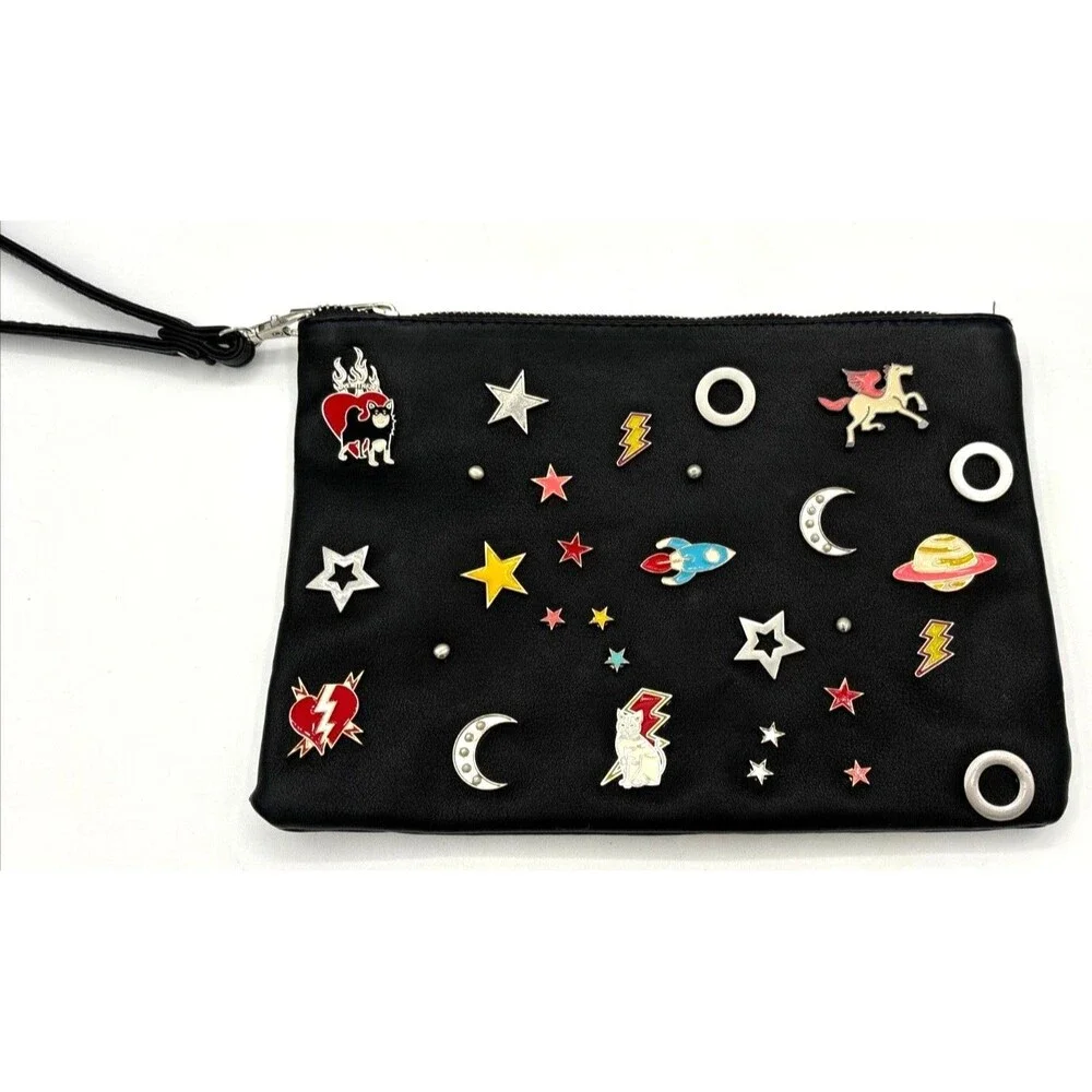 Stradivarius Wristlet Accessory Zipper Bag Sewn Enamel Pins‎ Blk Silver Hardware